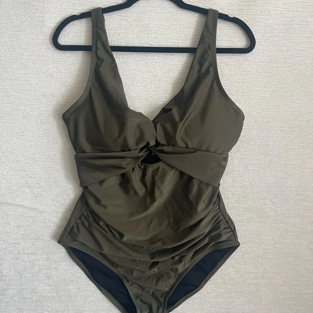 DKNY Olive Green Twist-Front One-Piece Swimsuit - Picture 2 of 10